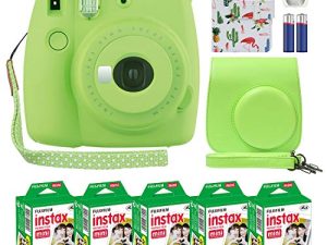 كاميرا Fuji Instax Mini 9 الفورية ، أخضر ليموني مع حقيبة مخصصة + حزمة قيمة فيلم Fuji Instax (50 ورقة) ألبوم صور Flamingo Designer لصور Fuji instax Mini 9