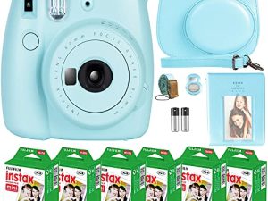 كاميرا FujiFilm Instax Mini 9 الفورية + فيلم Fujifilm Instax Mini (60 ورقة) حزمة مع ملحقات رقم واحد تتضمن حقيبة حمل وعدسة سيلفي وألبوم صور (أزرق ثلجي)