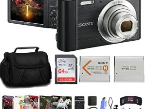 كاميرا سوني سايبر شوت DSC-W800 الرقمية (سوداء) (DSCW800 / B) + بطارية NP-BN1 + حافظة + شاحن + بطاقة 64 جيجابايت + قارئ بطاقات + برنامج صور Corel + حامل ثلاثي القوائم مرن + كابل Micro USB + محفظة ذاكرة + المزيد