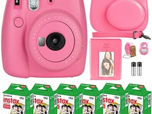 كاميرا FujiFilm Instax Mini 9 الفورية + فيلم Fujifilm Instax Mini (60 ورقة) حزمة مع ملحقات رقم واحد بما في ذلك حقيبة الحمل وعدسة السيلفي وألبوم الصور (وردي فلامنغو)