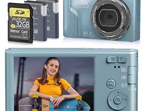 كاميرا رقمية ، كاميرا رقمية FHD 4K للأطفال والكبار ، كاميرات فيديو 48 ميجابيكسل للتصوير الفوتوغرافي ، كاميرا رقمية صغيرة مدمجة والتقاط الصور مع بطاقة SD 32 جيجابايت للمبتدئين والأطفال والمراهقين - أزرق