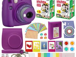 Fujifilm Instax Mini 9 - كاميرا فورية أرجوانية شفافة مع لهجات شفافة مع حقيبة حمل + حزمة قيمة لفيلم Fuji Instax (40 ورقة) ، مجموعة ملحقات ، فلاتر ألوان ، ألبوم صور ، Fra متنوعة