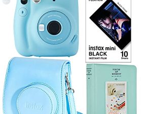 Fujifilm Instax Mini 11 Sky Blue Instant Camera Plus جراب Fuji الأصلي وألبوم صور و Fujifilm Character 10 Films (أسود)