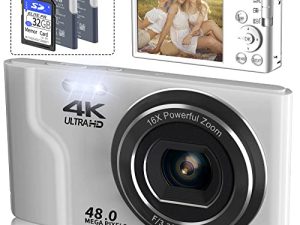 كاميرات سنين الرقمية للتصوير الفوتوغرافي ، كاميرا فيديو 4K لـ YouTube ، 48 ميجابكسل 16X تقريب رقمي 30PFS بوينت اند شوت كاميرا للأطفال ، للمبتدئين ، تتضمن بطاقة SD 32 جيجا بايت وبطاريتين قابلتين لإعادة الشحن - فضي