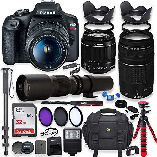 Canon EOS Rebel T7 DSLR Camera with 18-55mm is II Lens Bundle + Canon EF 75-300mm f / 4-5.6 III Lens and 500mm Preset Lens + 32GB Memory + Filters + Monopod + Professional Bundle Canon EOS Rebel T7 DSLR Camera with 18-55mm is II Lens Bundle + Canon EF 75-300mm f / 4-5.6 III Lens and 500mm Preset Lens + 32GB Memory + Filters + Monopod + Professional Bundle