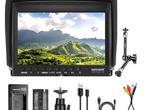جهاز مراقبة مجال الكاميرا Neewer F100 مقاس 7 بوصة عالي الدقة ومساعد للفيديو رفيع بتقنية IPS 1280x800 مدخل HDMI 1080 بكسل مع بطارية ليثيوم أيون 2600 مللي أمبير / شاحن USB ذراع سحري مقاس 11 بوصة لكاميرات DSLR ، ومثبت ، وجهاز صناعة أفلام الفيديو