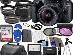 كاميرا EOS 4000D DSLR (Rebel T100) W / 18-55mm Zoon Lens Kit | 18 ميجابكسل CMOS | فيديو عالي الدقة + عدسة بزاوية عريضة + عدسة تليفوتوغرافي ، ذاكرة 64 جيجا بايت ، مجموعة فلتر 3 قطع ، حقيبة ، حامل ثلاثي القوائم + المزيد (حزمة 31 قطعة)