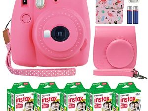 Fujifilm Instax Mini 9 كاميرا فورية فلامنغو وردي مع حافظة مخصصة + حزمة قيمة لفيلم Fuji Instax (50 ورقة) ألبوم صور مصمم فلامنغو لصور Fuji instax Mini 9.