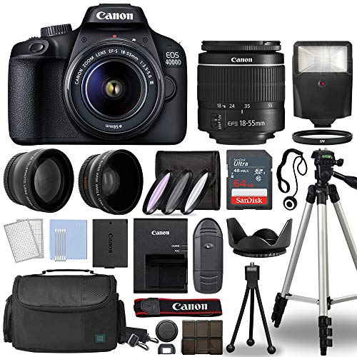 Canon EOS 4000D / Rebel T100 Digital SLR Camera Body w / Canon EF-S 18-55mm f / 3.5-5.6 Lens 3 Lens DSLR Kit مرفقة مع حزمة ملحقات كاملة + 64 جيجا بايت + فلاش والمزيد - موديل عالمي (مجدد) Canon EOS 4000D / Rebel T100 Digital SLR Camera Body w / Canon EF-S 18-55mm f / 3.5-5.6 Lens 3 Lens DSLR Kit مرفقة مع حزمة ملحقات كاملة + 64 جيجا بايت + فلاش والمزيد - موديل عالمي (مجدد)