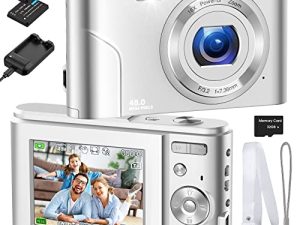 كاميرا رقمية ، كاميرا RUAHETIL Autofocus FHD 1080P 48MP كاميرا فيديو للأطفال مع بطاقة ذاكرة 32 جيجا بايت ، وضعي الشحن ، وضعي التكبير والتصغير 16X وكاميرا تصوير للأطفال المراهقين (فضي)