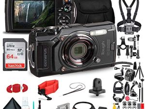 كاميرا أوليمبوس تاف TG-6 المقاومة للماء (أسود) - مجموعة أكشن - مع مجموعة ملحقات مكونة من 50 قطعة + بطارية إضافية + حزام عائم + بطاقة ذاكرة فائقة سعة 64 جيجابايت من سانديسك + حقيبة مبطنة + المزيد