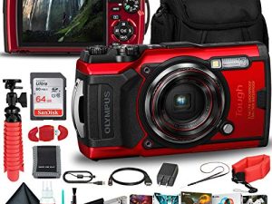 كاميرا أوليمبوس تاف TG-6 المقاومة للماء (حمراء) - حزمة المغامرات - مع بطاريتين إضافيتين + حزام عائم + بطاقة ذاكرة فائقة سعة 64 جيجابايت من سانديسك + حافظة مبطنة + حامل ثلاثي القوائم مرن + مجموعة برامج صور + المزيد