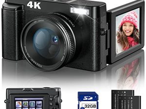 كاميرا رقمية بدقة 4K للتصوير الفوتوغرافي والفيديو [ضبط تلقائي للصورة ومقاومة الاهتزاز] كاميرا تصوير فيديو بدقة 48 ميجابكسل مع بطاقة SD ، 3 بوصات 180 درجة كاميرا مدمجة مع فلاش ، كاميرا سفر زووم رقمي 16X (بطاريتان)