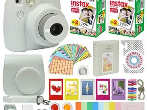 كاميرا Fujifilm Instax Mini 9 الفورية ، أبيض دخاني مع حقيبة حمل + حزمة قيمة لفيلم Fuji Instax (40 ورقة) ، مجموعة ملحقات ، فلاتر ألوان ، ألبوم صور ، إطارات متنوعة ، عدسة سيلفي + المزيد