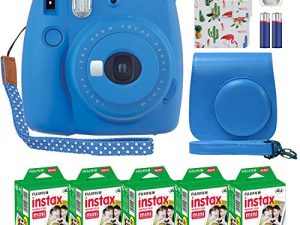 Fujifilm Instax Mini 9 كاميرا فورية كوبالت أزرق مع حقيبة مخصصة + حزمة قيمة فيلم Fuji Instax (50 ورقة) ألبوم صور Flamingo Designer لصور Fuji instax Mini 9