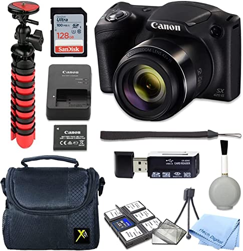كاميرا PowerShot SX420 رقمية (سوداء) مع بطاقة ذاكرة SD سعة 128 جيجابايت + حزمة ملحقات + قماش رقمي Rtech كاميرا PowerShot SX420 رقمية (سوداء) مع بطاقة ذاكرة SD سعة 128 جيجابايت + حزمة ملحقات + قماش رقمي Rtech