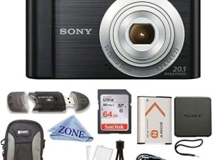 Sony W800 / B DSC-W800 / B DSCW800B كاميرا رقمية بدقة 20 ميجابكسل زووم بصري 5X (أسود) مع بطاقة ذاكرة SDHC سعة 64 جيجا بايت وحامل ثلاثي القوائم وحقيبة فاخرة وقماش عدسة من الألياف الدقيقة