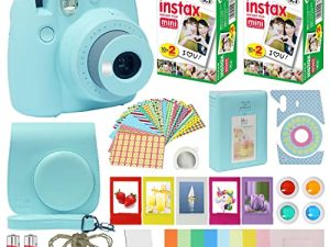 Fuji Instax Mini 9 Instant Camera ICE Blue w / Case + حزمة Fuji Instax Film Value Pack (40 ورقة) لكاميرا Fujifilm Instax Mini 9 + ملحقات ، فلاتر ألوان ، ألبوم صور ، عدسة سيلفي + المزيد