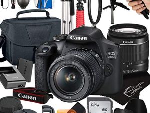 كاميرا كانون EOS 2000D / Rebel T7 DSLR مع عدسة تكبير 18-55 مم + حزمة ملحقات الهاتف البلاتيني تشمل: بطاقة SanDisk 32GB ، حقيبة والمزيد (حزمة 21 قطعة) (عدسة 18-55 مم ، بطاقة 32 جيجابايت) (متجددة)