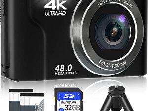 كاميرا رقمية ، كاميرا VJIANGER 4K 48 ميجابكسل صغيرة لمدونات الفيديو للأطفال والمراهقين مع شاشة 2.8 بوصة ، تكبير رقمي 16X ، بطاقة SD 32 جيجا بايت وبطاريتان قابلة لإعادة الشحن وحامل ثلاثي القوائم (DC6-5 أسود)