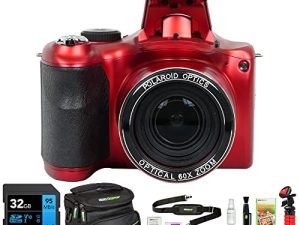 كاميرا بولارويد IE6035-RED-STK-4 iE6035 18 ميجابكسل 60x زووم بصري رقمي ، حزمة حمراء مع بطاقة ذاكرة ليكسار 32 جيجا ، حقيبة كاميرا ديكو جير ، منفاخ عدسة ، قلم عدسة ، حامل ثلاثي القوائم 12 بوصة والمزيد