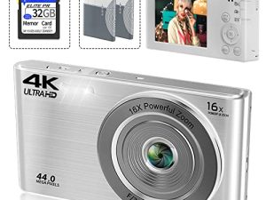 كاميرا رقمية ، كاميرات تصوير فيديو سانين 4K للتصوير الفوتوغرافي ويوتيوب ، 44 ميجابكسل 16X تقريب رقمي 30PFS بوينت اند شوت كاميرا للأطفال ، للمبتدئين ، تتضمن بطاقة SD بسعة 32 جيجا بايت وبطاريتين قابلتين لإعادة الشحن - فضي