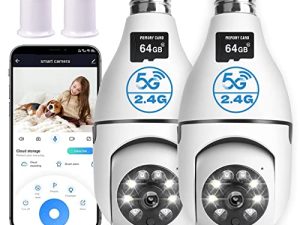 قطعتان من الكاميرات المصباح الكهربائي ، وكاميرا الأمن 1080P المنزلية 5 جيجاهرتز ، 2.4 جيجاهرتز واي فاي تتبع تلقائي للحركة 360 درجة كاميرا مراقبة ذكية مع إنذار للكشف عن الحركة للرؤية الليلية (تتضمن بطاقة SD 64G)