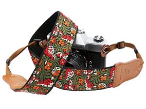 حزام الكاميرا لجميع كاميرات DSLR / SLR ، نهايات من جلد البقر بطبقتين ، حزام كاميرا منسوج من القطن الخالص العريض مقاس 2 بوصة ، حزام رقبة وكتف عالمي قابل للتعديل ، هدية للمصورين (زهرة خضراء)