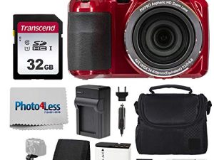 PHOTO4LESS Kodak PIXPRO AZ421 كاميرا رقمية (أحمر) + حافظة كاميرا بوينت آند شوت + بطاقة ذاكرة SD بسعة 32 جيجا بايت + بطارية وشاحن إضافي + قارئ بطاقة USB + حامل ثلاثي القوائم + ملحقات