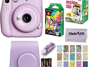 كاميرا Fujifilm Instax Mini 11 الفورية - أرجواني أرجواني (16654803) + Fujifilm Instax Mini Twin Pack فيلم فوري (16437396) + عبوة واحدة بغشاء قوس قزح + جراب + ملصقات السفر