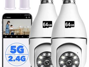 كاميرا Fowutz Light Bulb Security Camera ، 1080P 2.4G و 5G WiFi Light Bulb Camera مع كشف الحركة وكاميرا ذات مقبس إضاءة للرؤية الليلية تعمل مع Alexa & Google Assistant (عبوتان (2.4G و 5G مع بطاقة SD 64GB))