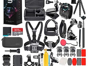 GoPro HERO9 Black - كاميرا أكشن مقاومة للماء مع شاشة LCD أمامية وشاشات خلفية تعمل باللمس وفيديو 5K وصور بدقة 20 ميجابكسل وبث مباشر 1080 بكسل وتثبيت + بطاقة 32 جيجابايت ومجموعة ملحقات 50 قطعة - مجموعة أكشن