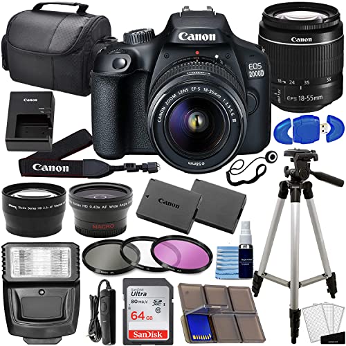 كاميرا Canon EOS 2000D (Rebel T7) DSLR مع طقم عدسات EF-S 18-55mm f / 3.5-5.6 DC III مع حزمة صور كاملة + بطاقة 64 جيجابايت + بطارية إضافية + مجموعة فلتر 3 قطع + المزيد (مجددة) كاميرا Canon EOS 2000D (Rebel T7) DSLR مع طقم عدسات EF-S 18-55mm f / 3.5-5.6 DC III مع حزمة صور كاملة + بطاقة 64 جيجابايت + بطارية إضافية + مجموعة فلتر 3 قطع + المزيد (مجددة)