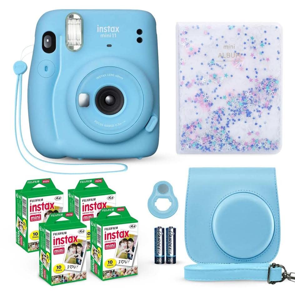 كاميرا Fujifilm Instax Mini 11 الفورية ، لون أزرق سماوي + حزمة قيمة لفيلم فوجي (40 ورقة) + مجموعة ملحقات الغالق ، بما في ذلك حقيبة حمل متوافقة ، وعدسة سيلفي ، وألبوم صور من خرز الرمال المتحركة ، 64 جيبًا كاميرا Fujifilm Instax Mini 11 الفورية ، لون أزرق سماوي + حزمة قيمة لفيلم فوجي (40 ورقة) + مجموعة ملحقات الغالق ، بما في ذلك حقيبة حمل متوافقة ، وعدسة سيلفي ، وألبوم صور من خرز الرمال المتحركة ، 64 جيبًا