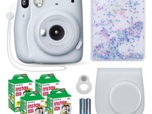 Fujifilm Instax Mini 11 كاميرا فورية آيس وايت + حزمة قيمة فيلم فوجي (40 ورقة) + مجموعة ملحقات الغالق ، بما في ذلك. حقيبة حمل متوافقة ، عدسة سيلفي ، ألبوم صور خرز الرمال المتحركة 64 جيبًا